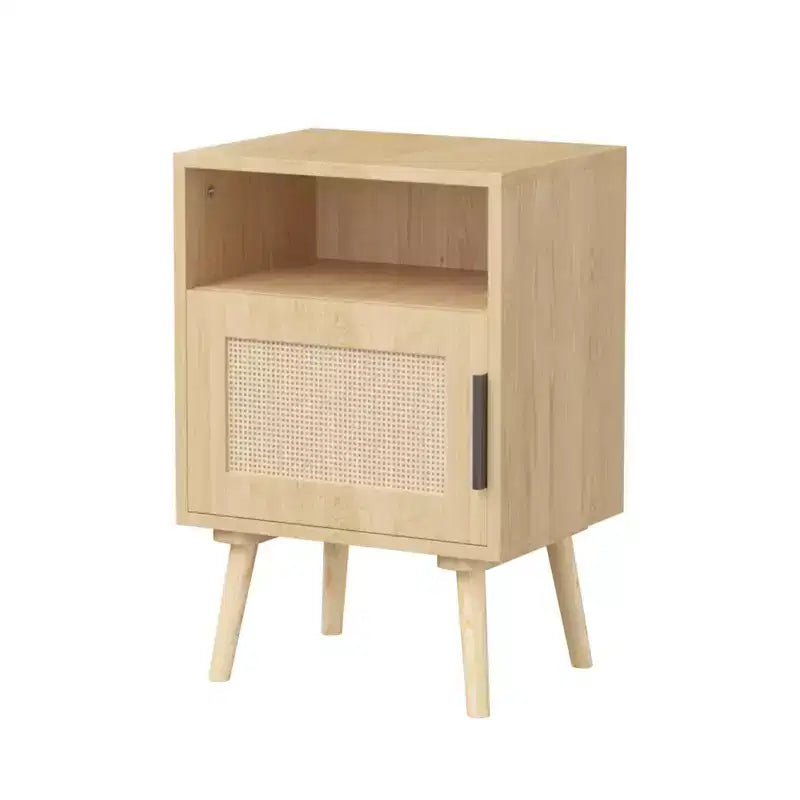 Homy Casa 22.8 Rattan Nightstand with Door and Open Shelf, Accent Bedside End Table with Solid Wood Legs, for Bedroom or Dorm, Oak