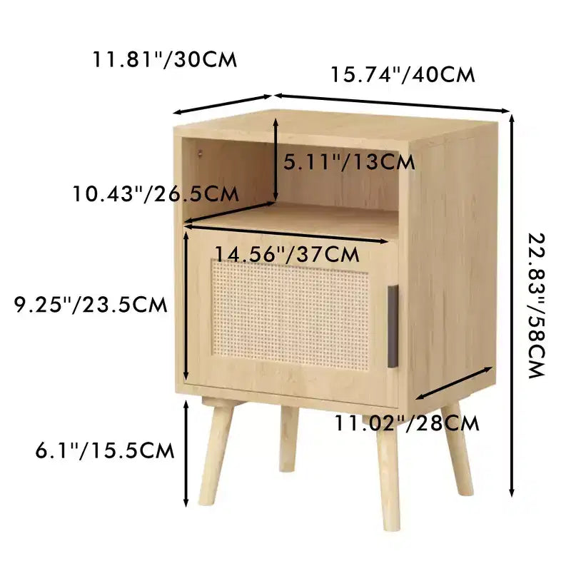 Homy Casa 22.8 Rattan Nightstand with Door and Open Shelf, Accent Bedside End Table with Solid Wood Legs, for Bedroom or Dorm, Oak