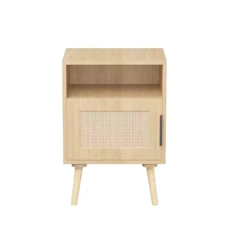 Homy Casa 22.8 Rattan Nightstand with Door and Open Shelf, Accent Bedside End Table with Solid Wood Legs, for Bedroom or Dorm, Oak