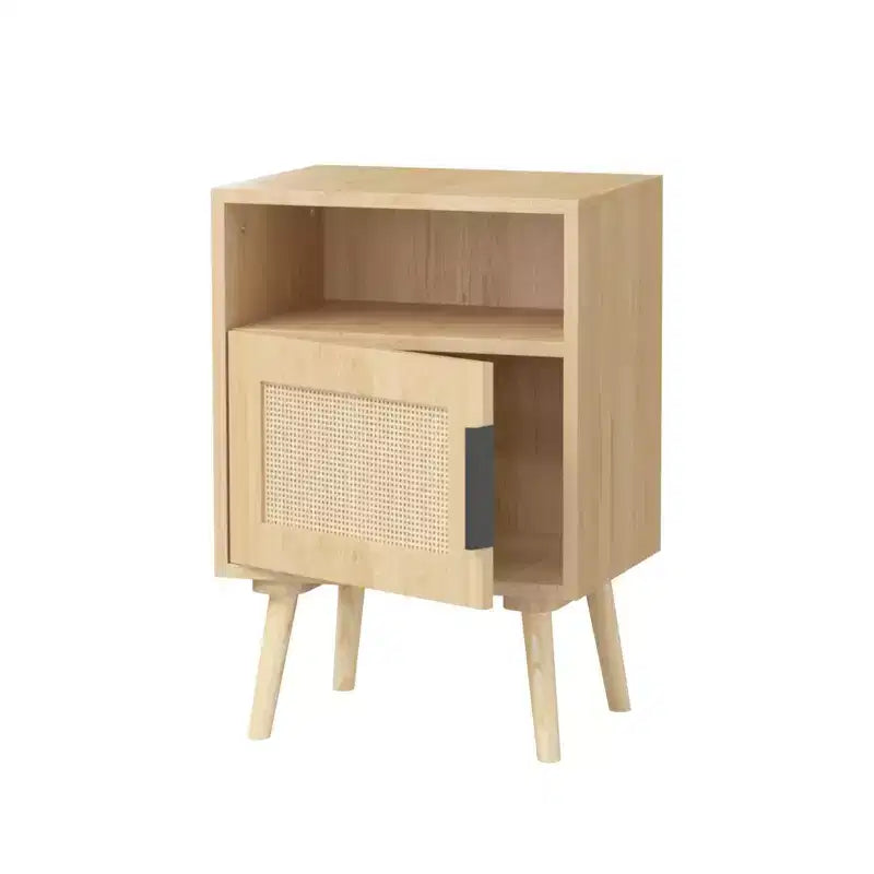 Homy Casa 22.8 Rattan Nightstand with Door and Open Shelf, Accent Bedside End Table with Solid Wood Legs, for Bedroom or Dorm, Oak
