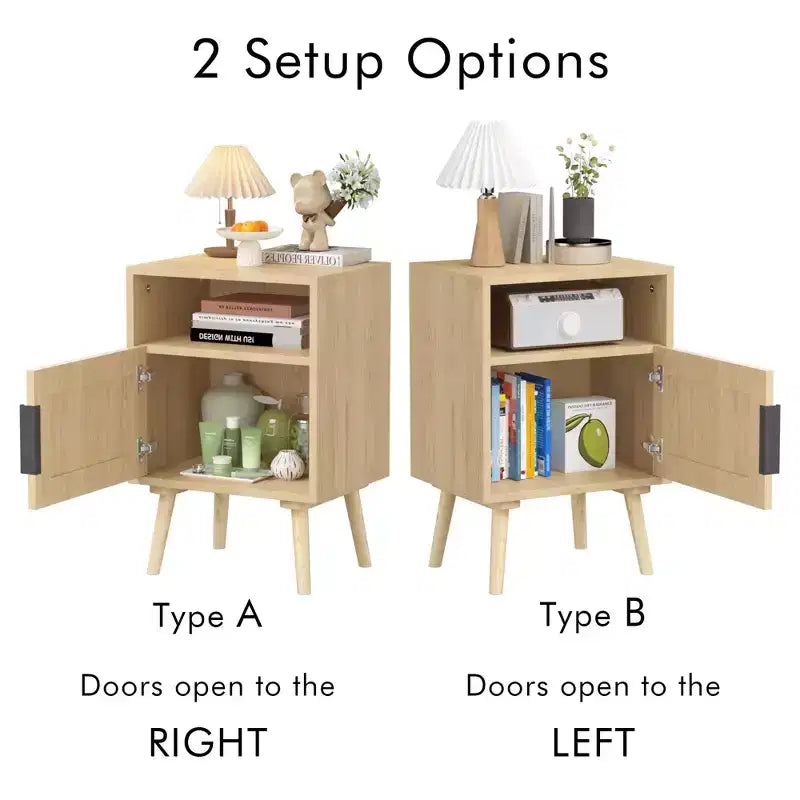 Homy Casa 22.8 Rattan Nightstand with Door and Open Shelf, Accent Bedside End Table with Solid Wood Legs, for Bedroom or Dorm, Oak