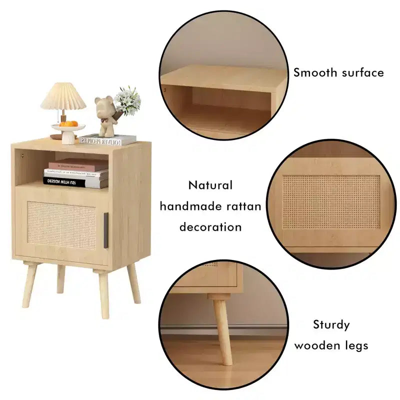 Homy Casa 22.8 Rattan Nightstand with Door and Open Shelf, Accent Bedside End Table with Solid Wood Legs, for Bedroom or Dorm, Oak
