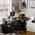 L-shaped computer desk with power outlets, featuring dual monitor mounts, ideal for home offices and gaming rooms as a gaming desk.