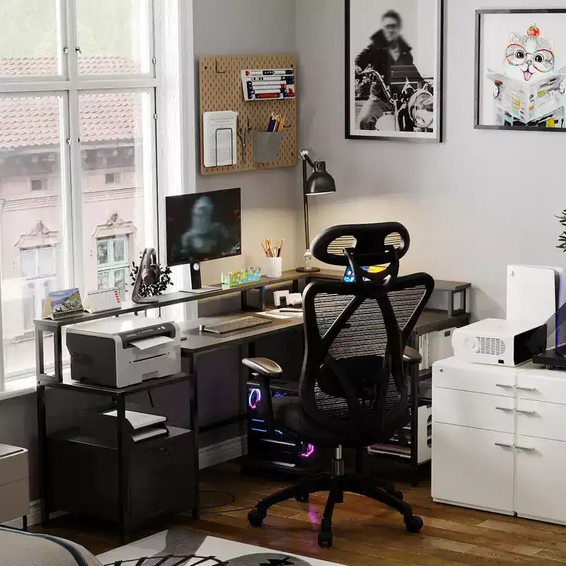 L-shaped computer desk with power outlets, featuring dual monitor mounts, ideal for home offices and gaming rooms as a gaming desk.