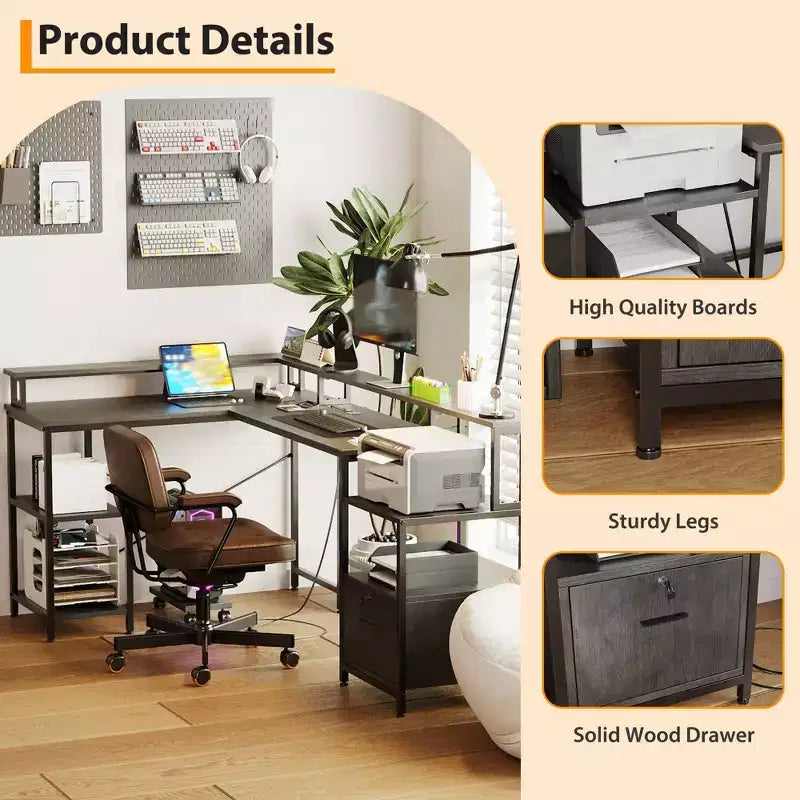 L-shaped computer desk with power outlets, featuring dual monitor mounts, ideal for home offices and gaming rooms as a gaming desk.
