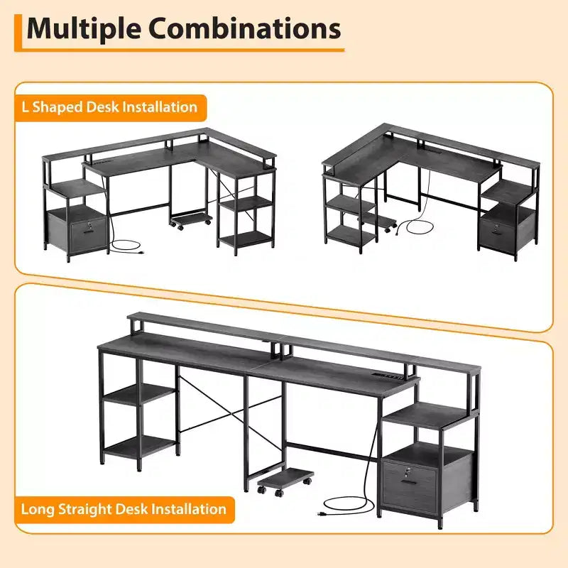 L-shaped computer desk with power outlets, featuring dual monitor mounts, ideal for home offices and gaming rooms as a gaming desk.