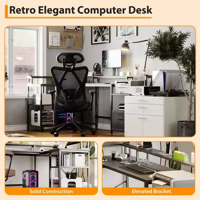 L-shaped computer desk with power outlets, featuring dual monitor mounts, ideal for home offices and gaming rooms as a gaming desk.
