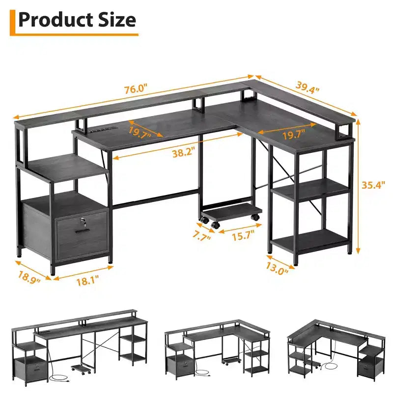 L-shaped computer desk with power outlets, featuring dual monitor mounts, ideal for home offices and gaming rooms as a gaming desk.