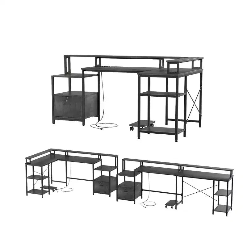 L-shaped computer desk with power outlets, featuring dual monitor mounts, ideal for home offices and gaming rooms as a gaming desk.