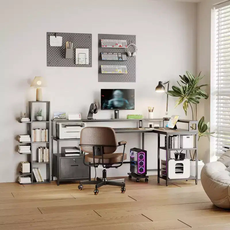 L-shaped computer desk with power outlets, featuring dual monitor mounts, ideal for home offices and gaming rooms as a gaming desk.