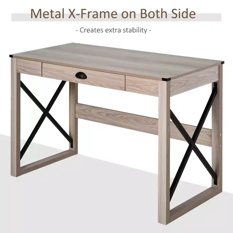 44 inch Home Office Computer Desk, Rustic Writing Desk, Farmhouse Workstation with Storage Drawer, X-Frame