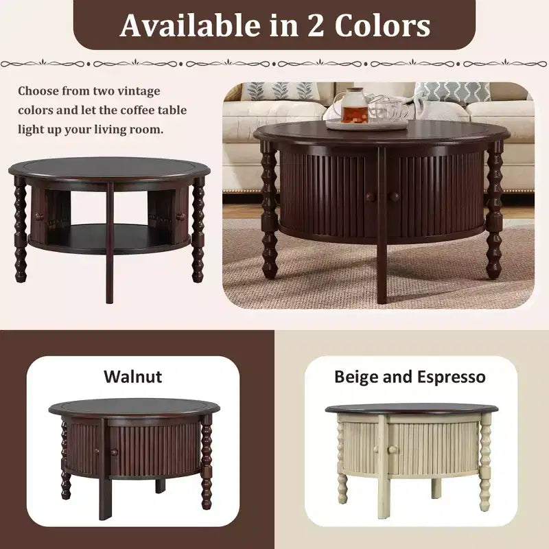 Mid Century Round Coffee Table with Storage, Vintage Center Table with Sliding Door, Wood Fluted End Table for living Room