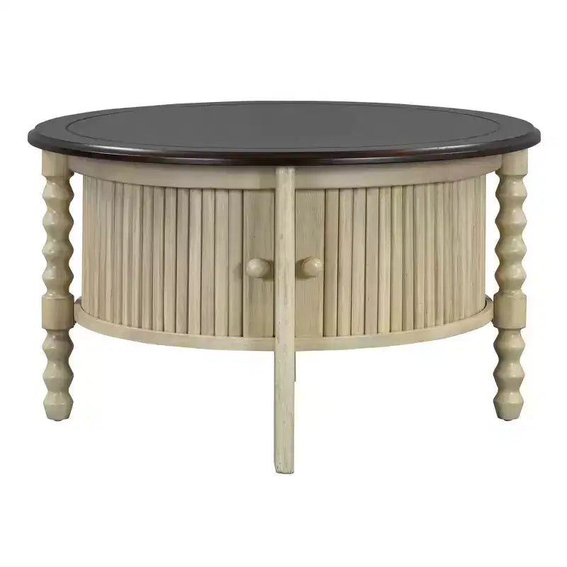 Mid Century Round Coffee Table with Storage, Vintage Center Table with Sliding Door, Wood Fluted End Table for living Room