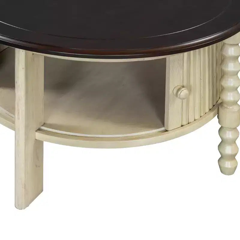 Mid Century Round Coffee Table with Storage, Vintage Center Table with Sliding Door, Wood Fluted End Table for living Room