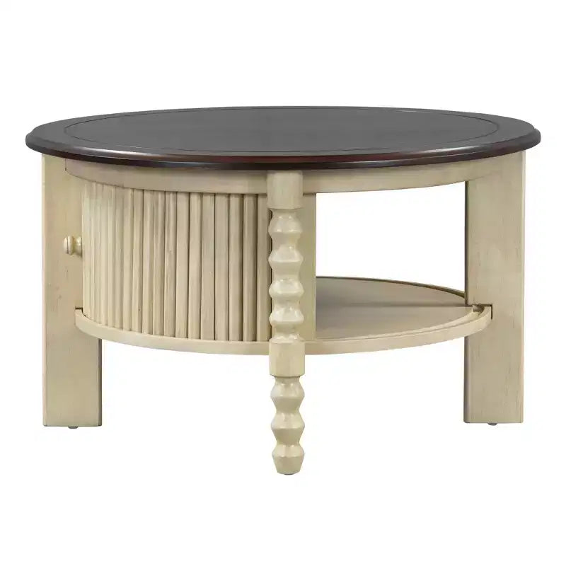 Mid Century Round Coffee Table with Storage, Vintage Center Table with Sliding Door, Wood Fluted End Table for living Room