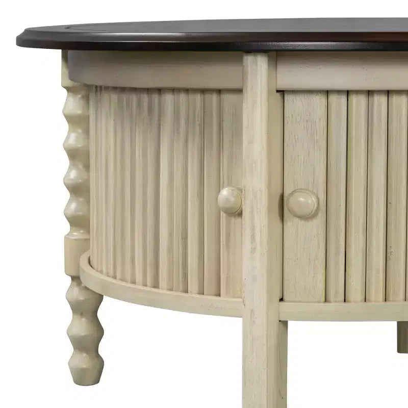 Mid Century Round Coffee Table with Storage, Vintage Center Table with Sliding Door, Wood Fluted End Table for living Room