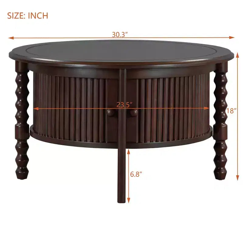 Mid Century Round Coffee Table with Storage, Vintage Center Table with Sliding Door, Wood Fluted End Table for living Room