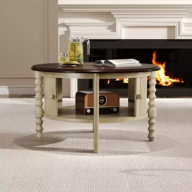 Mid Century Round Coffee Table with Storage, Vintage Center Table with Sliding Door, Wood Fluted End Table for living Room