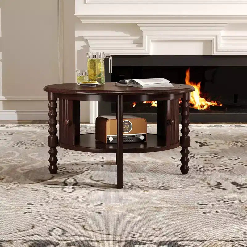 Mid Century Round Coffee Table with Storage, Vintage Center Table with Sliding Door, Wood Fluted End Table for living Room