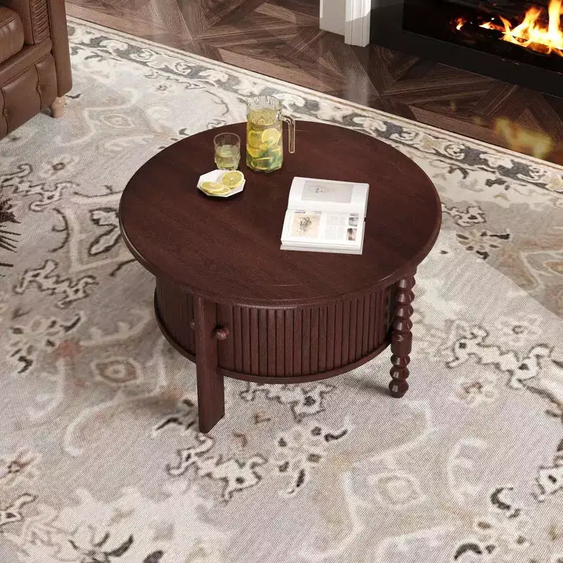 Mid Century Round Coffee Table with Storage, Vintage Center Table with Sliding Door, Wood Fluted End Table for living Room