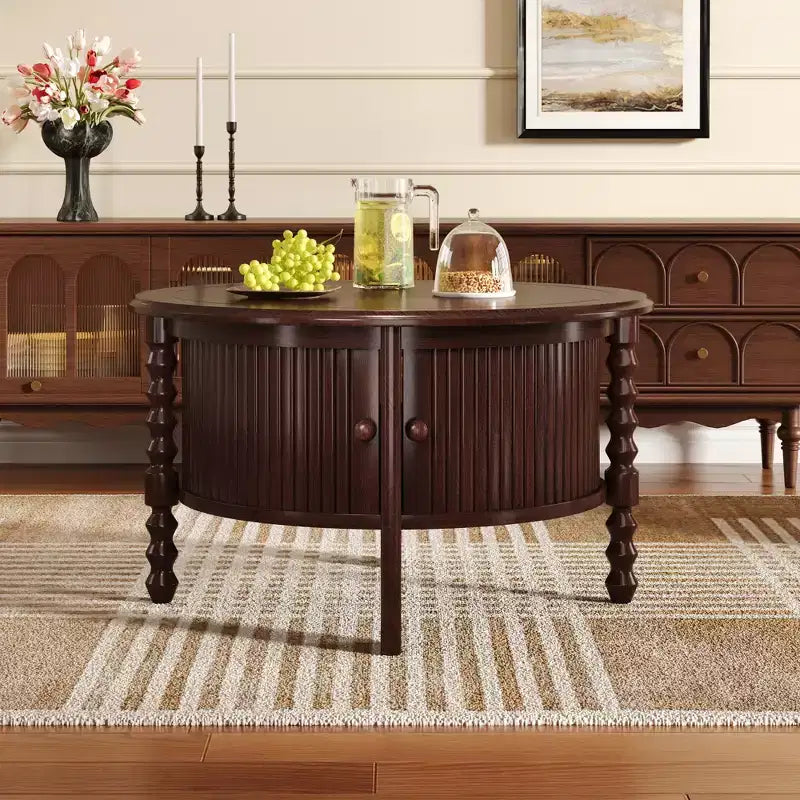 Mid Century Round Coffee Table with Storage, Vintage Center Table with Sliding Door, Wood Fluted End Table for living Room