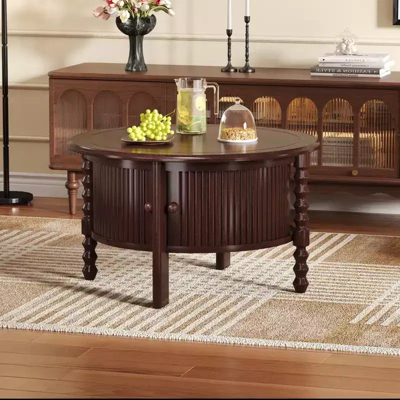 Mid Century Round Coffee Table with Storage, Vintage Center Table with Sliding Door, Wood Fluted End Table for living Room