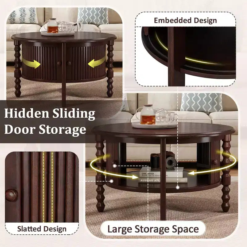 Mid Century Round Coffee Table with Storage, Vintage Center Table with Sliding Door, Wood Fluted End Table for living Room
