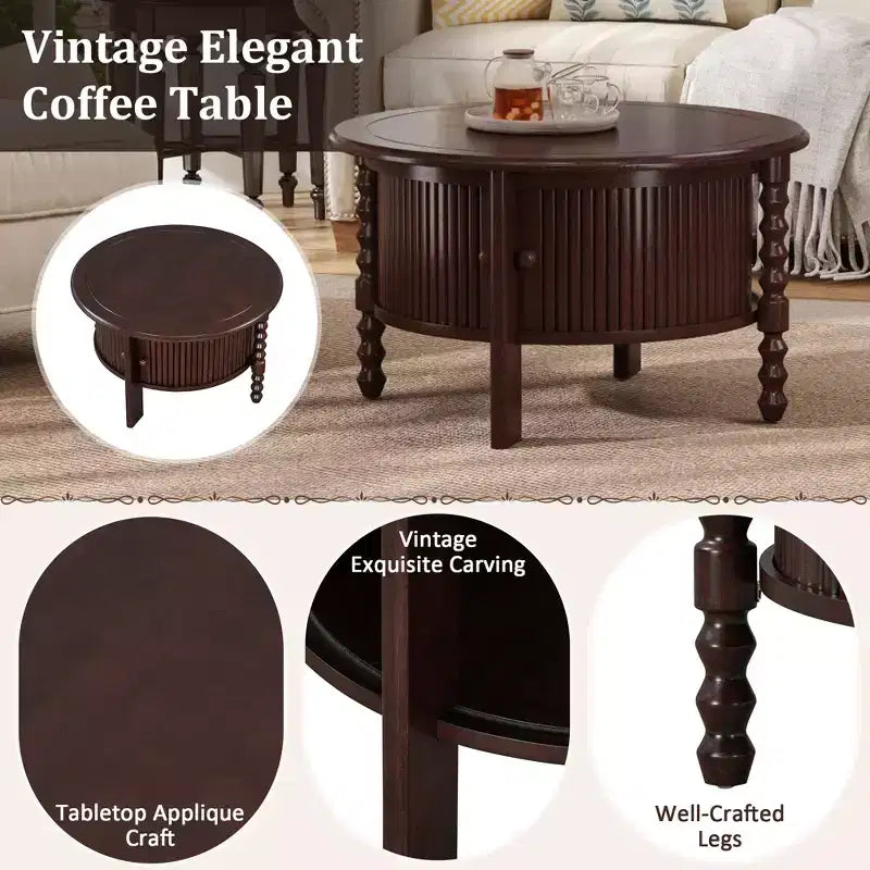 Mid Century Round Coffee Table with Storage, Vintage Center Table with Sliding Door, Wood Fluted End Table for living Room