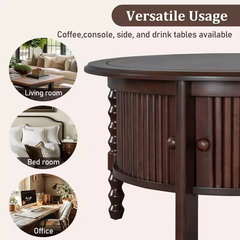Mid Century Round Coffee Table with Storage, Vintage Center Table with Sliding Door, Wood Fluted End Table for living Room