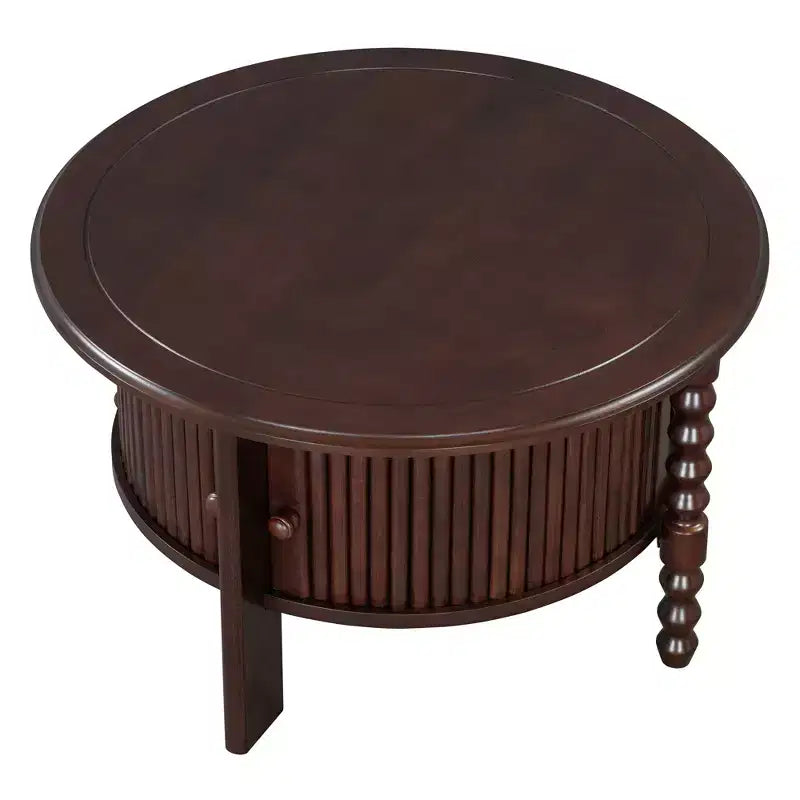 Mid Century Round Coffee Table with Storage, Vintage Center Table with Sliding Door, Wood Fluted End Table for living Room