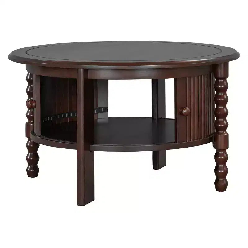 Mid Century Round Coffee Table with Storage, Vintage Center Table with Sliding Door, Wood Fluted End Table for living Room