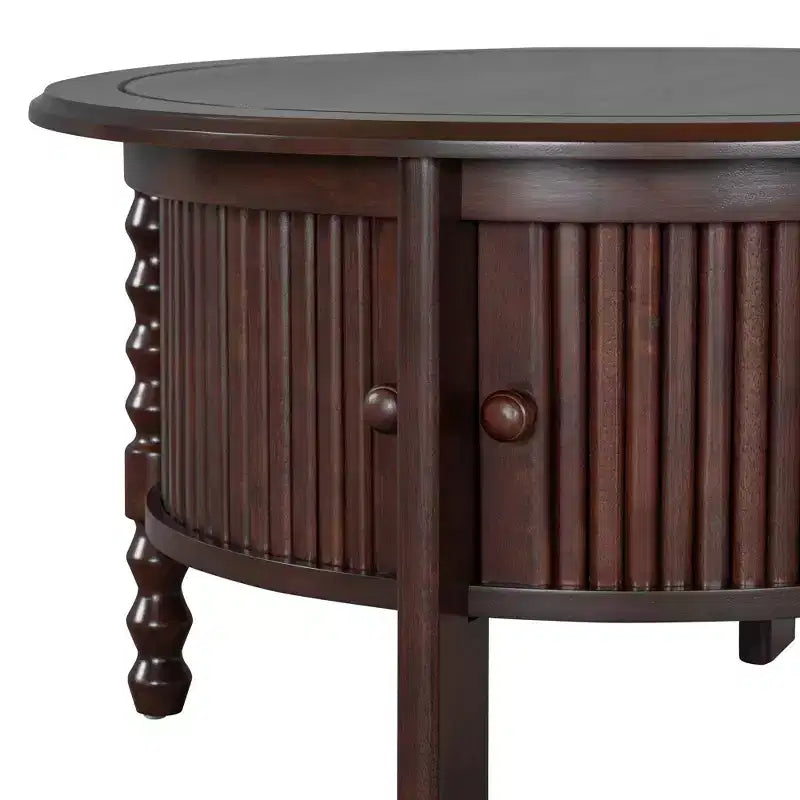 Mid Century Round Coffee Table with Storage, Vintage Center Table with Sliding Door, Wood Fluted End Table for living Room