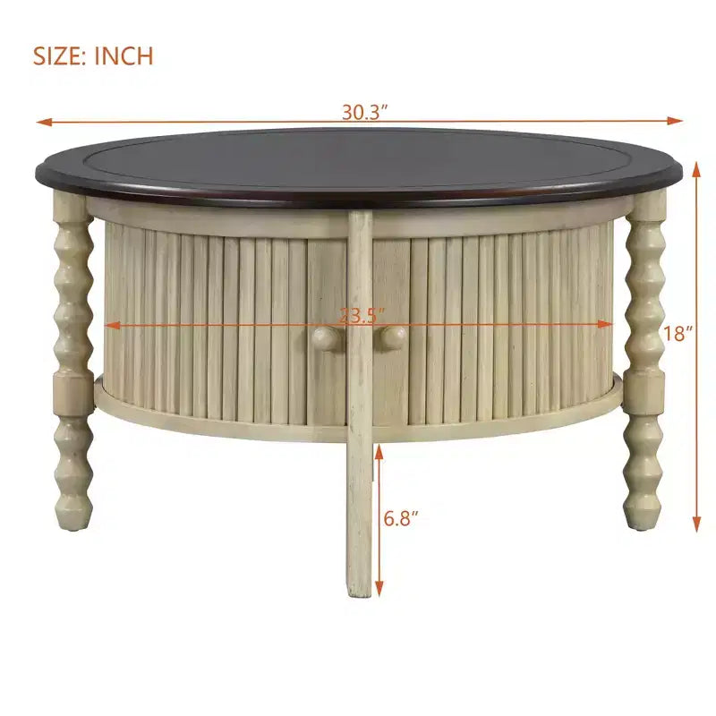 Mid Century Round Coffee Table with Storage, Vintage Center Table with Sliding Door, Wood Fluted End Table for living Room