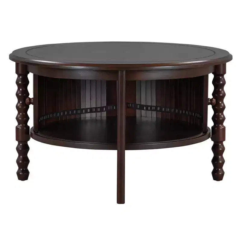 Mid Century Round Coffee Table with Storage, Vintage Center Table with Sliding Door, Wood Fluted End Table for living Room