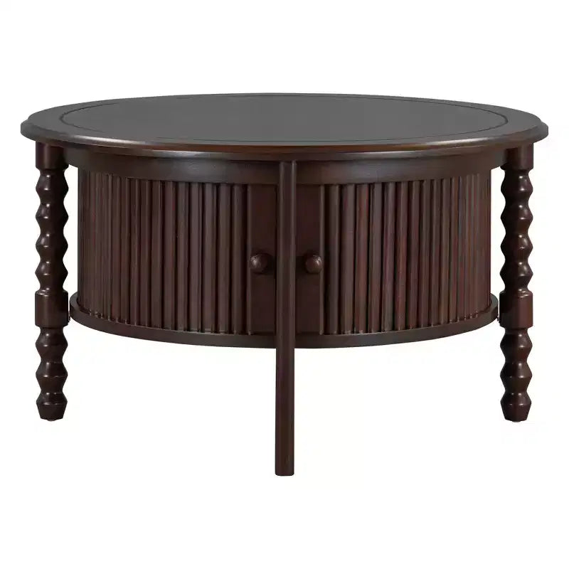 Mid Century Round Coffee Table with Storage, Vintage Center Table with Sliding Door, Wood Fluted End Table for living Room