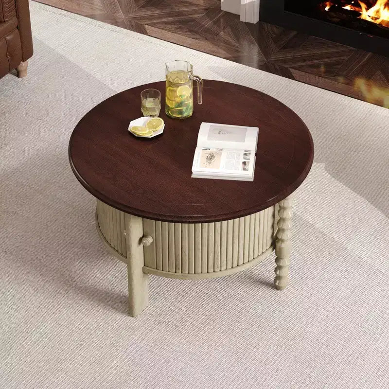 Mid Century Round Coffee Table with Storage, Vintage Center Table with Sliding Door, Wood Fluted End Table for living Room