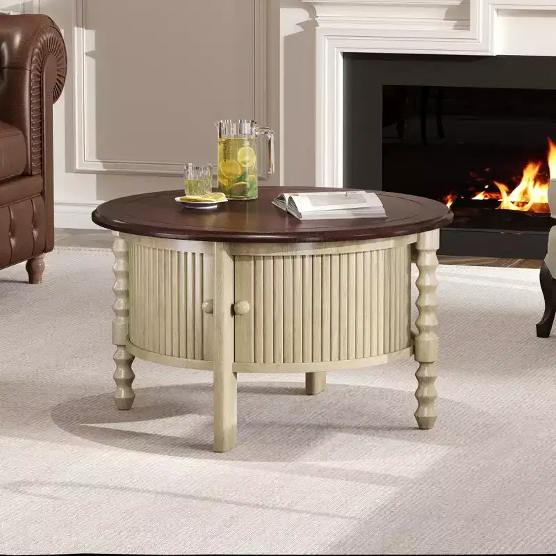 Mid Century Round Coffee Table with Storage, Vintage Center Table with Sliding Door, Wood Fluted End Table for living Room