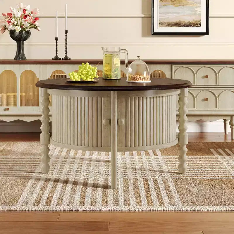 Mid Century Round Coffee Table with Storage, Vintage Center Table with Sliding Door, Wood Fluted End Table for living Room