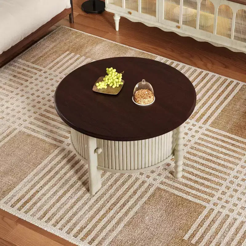 Mid Century Round Coffee Table with Storage, Vintage Center Table with Sliding Door, Wood Fluted End Table for living Room
