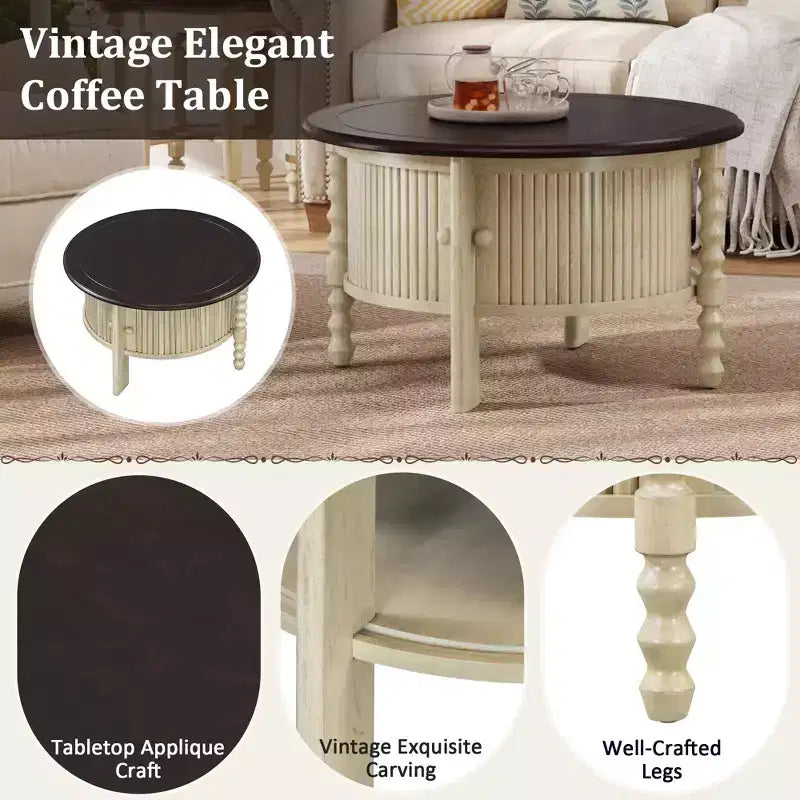 Mid Century Round Coffee Table with Storage, Vintage Center Table with Sliding Door, Wood Fluted End Table for living Room