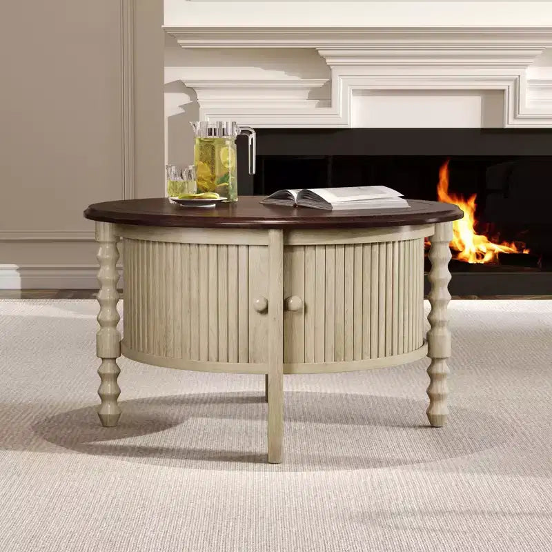 Mid Century Round Coffee Table with Storage, Vintage Center Table with Sliding Door, Wood Fluted End Table for living Room