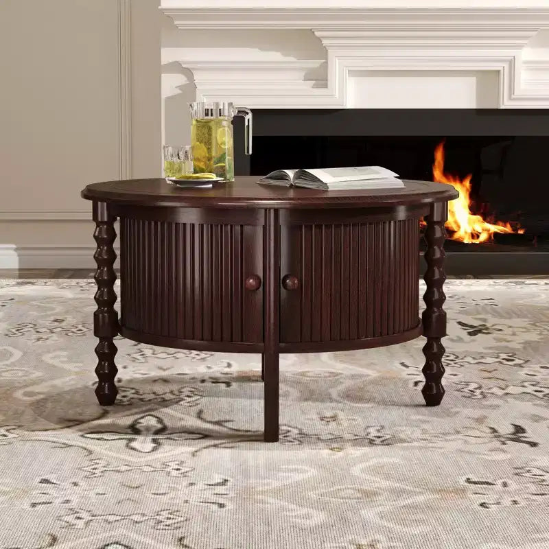Mid Century Round Coffee Table with Storage, Vintage Center Table with Sliding Door, Wood Fluted End Table for living Room