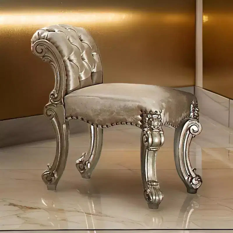 Royal Hampton Upholstered Wooden Vanity Stool with Tufted Back, Gold & Bone White