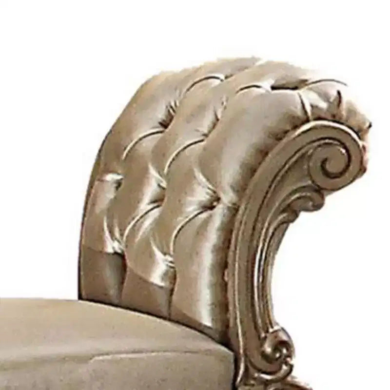 Royal Hampton Upholstered Wooden Vanity Stool with Tufted Back, Gold & Bone White