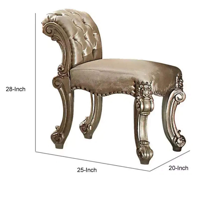 Royal Hampton Upholstered Wooden Vanity Stool with Tufted Back, Gold & Bone White