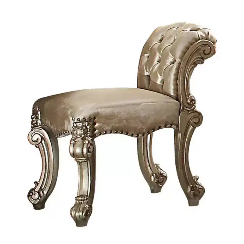 Royal Hampton Upholstered Wooden Vanity Stool with Tufted Back, Gold & Bone White
