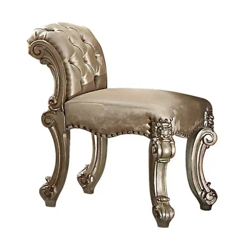 Royal Hampton Upholstered Wooden Vanity Stool with Tufted Back, Gold & Bone White