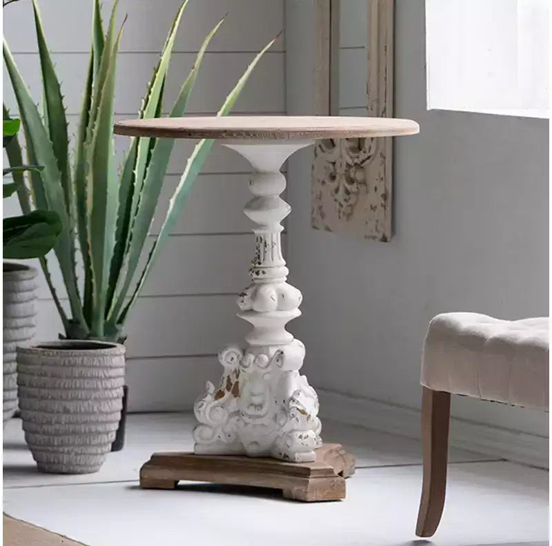 GDFStudio Hueber Lightweight Concrete Round Side Table with Carved Pedestal Base