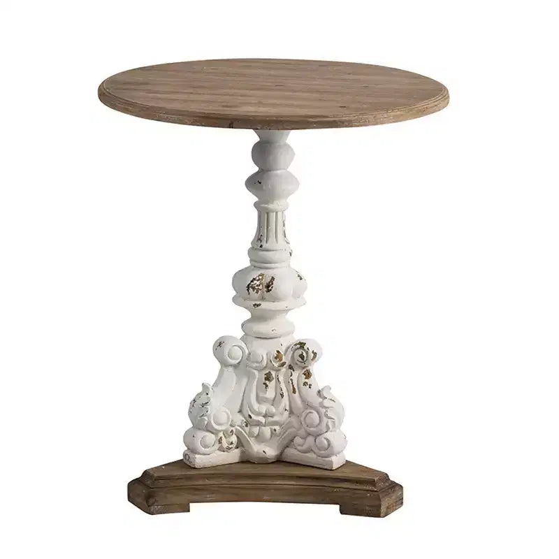 GDFStudio Hueber Lightweight Concrete Round Side Table with Carved Pedestal Base