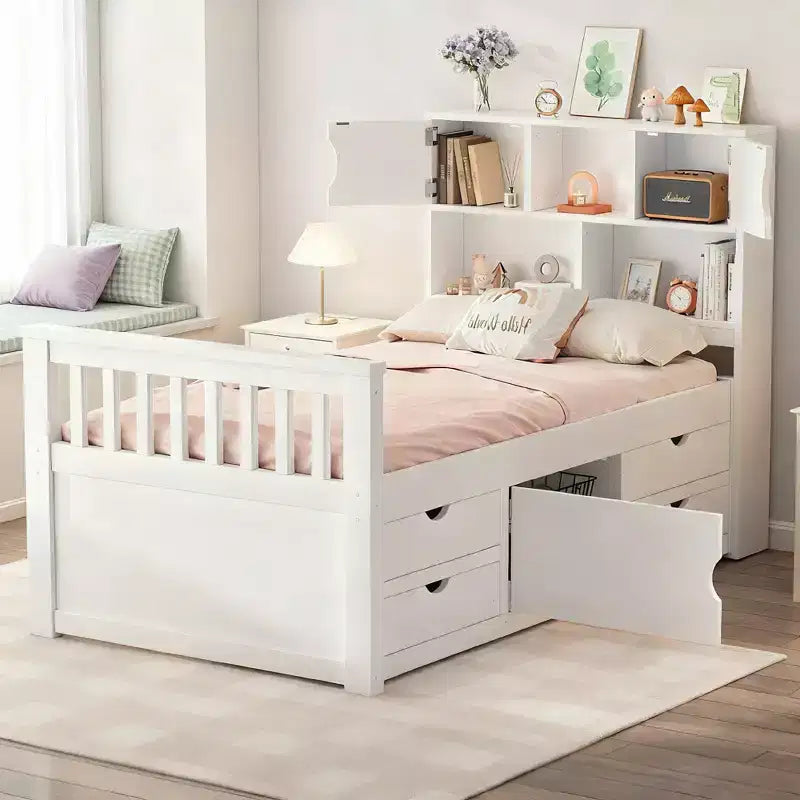 Luxystar Twin Size Captain Platform Bed with Bookcases Headboard and 4 Adjustable Drawers for Bedroom, White